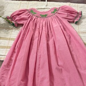 Pink Smocked Girls Dress with Green Embroidery
